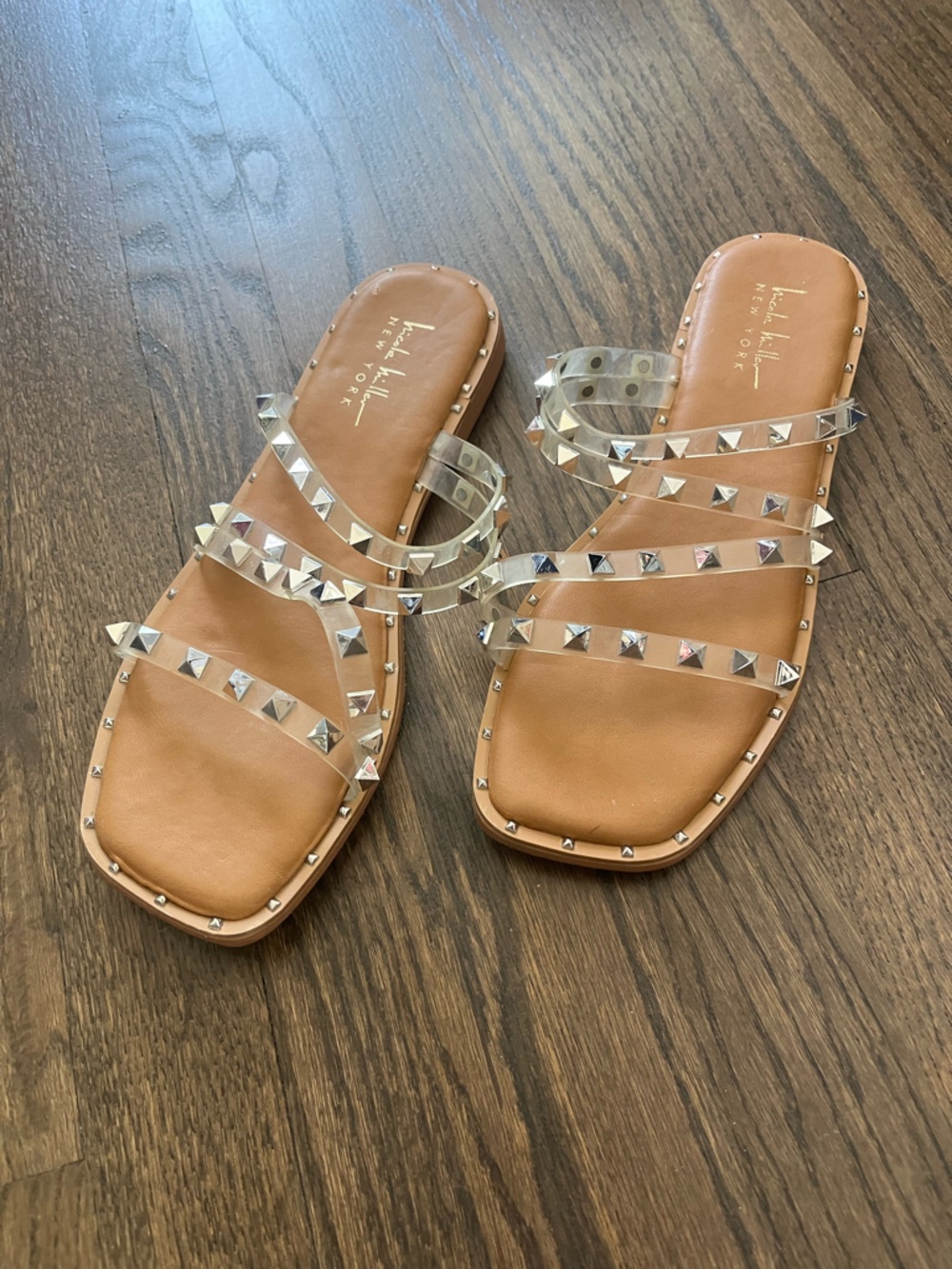 Kenneth Cole New York Tan Slide Sandals with Clear Studded Straps